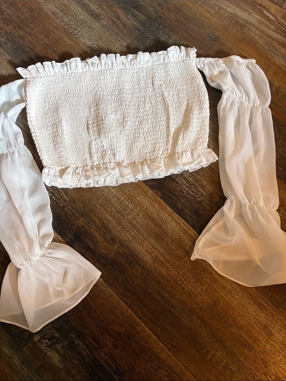 Mimosa White Off-Shoulder Smocked Crop Top with Sheer Bishop Sleeves size m